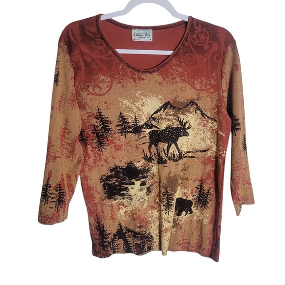 Cactus Bay Moose Print Top Women's Medium M Orange Country Cotton 3/4 Sleeve USA - Picture 1 of 9